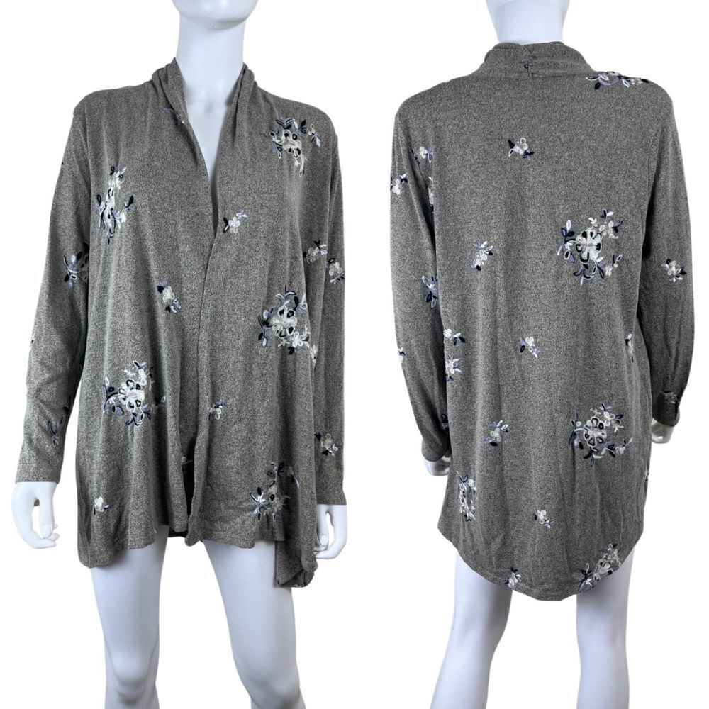 Fig and Flower Size M Beige Boho Open Front Embroidered Floral Cardigan Sweater